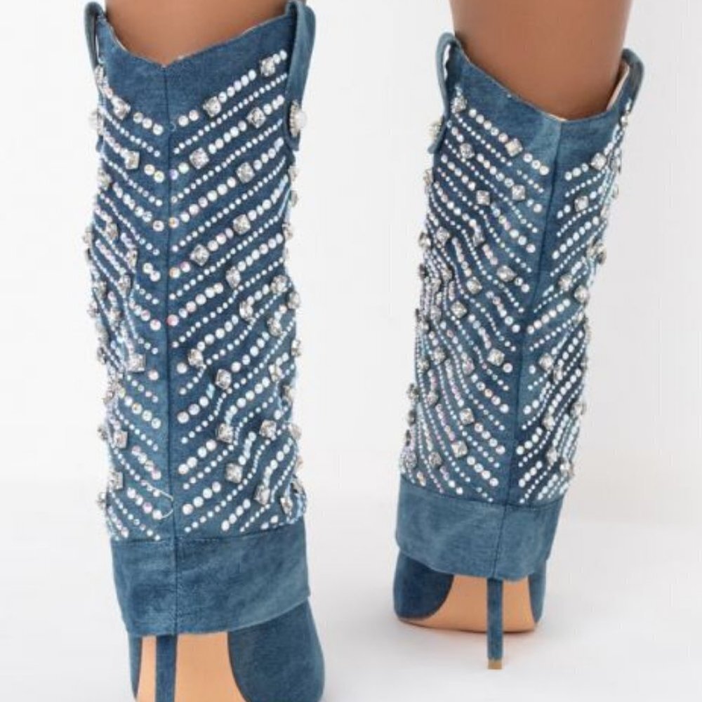 AZALEA WANG PLAYING TO WIN RHINESTONE STUDDED DENIM STILETTO BOOTIE ( BRAND NEW - Picture 3 of 13